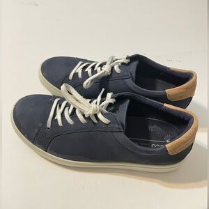 ECCO Women's Soft 7.5 Navy/Tan Suede Leather Flat Sneakers Casual Shoes EUR 39